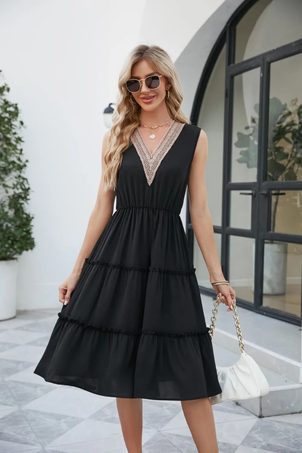 Contrast V-Neck Sleeveless Tiered Dress, image 7