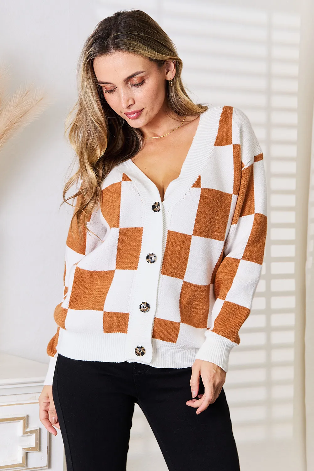 Button-Up V-Neck Dropped Shoulder Cardigan, image 10