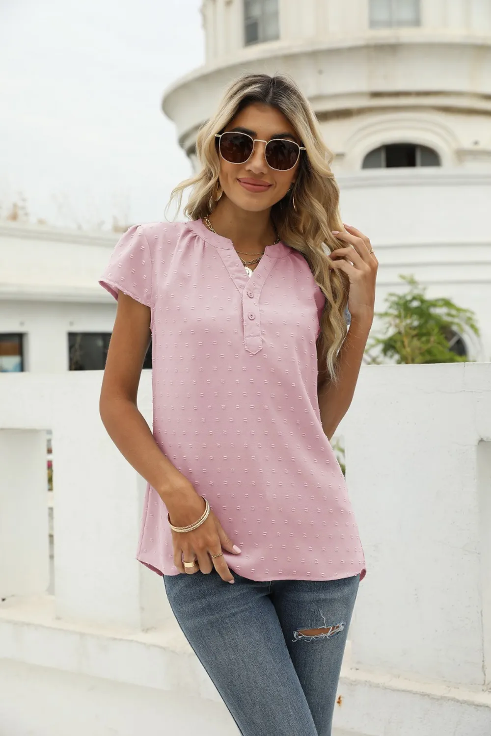 Swiss Dot Notched Neck Short Sleeve Top, image 21