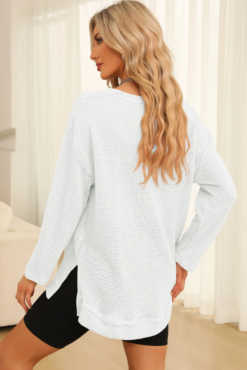 Waffle-Knit Round Neck Long Sleeve Sweatshirt, image 22