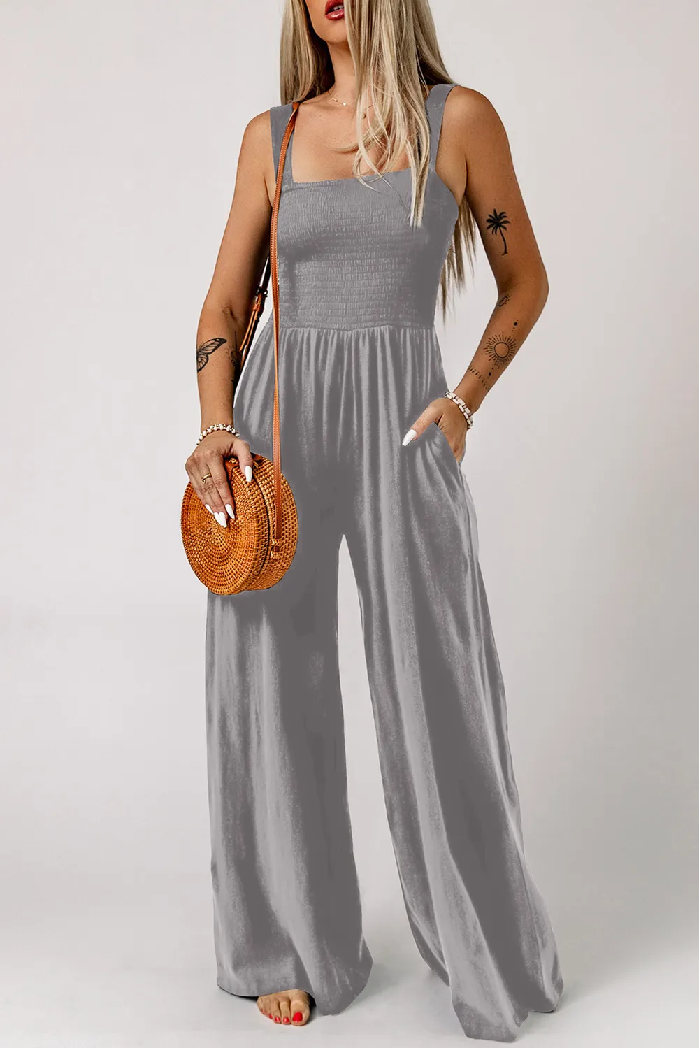 Smocked Square Neck Wide Leg Jumpsuit with Pockets, image 16