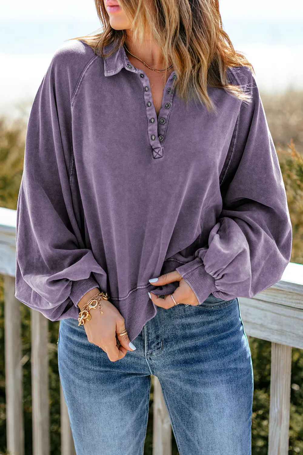Quarter-Snap Collared Lantern Sleeve Sweatshirt, image 19
