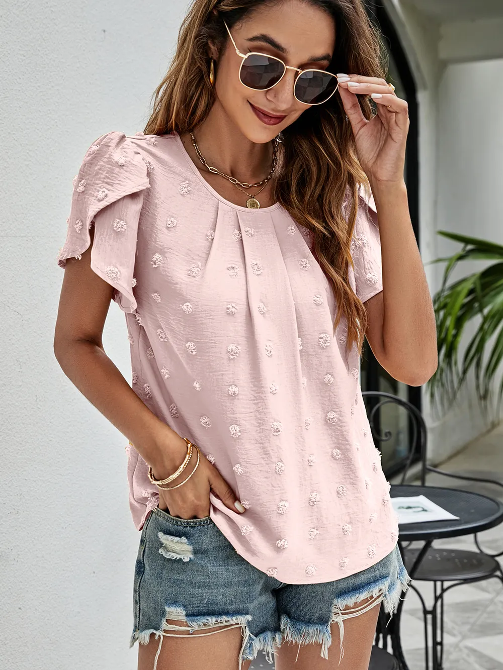 Swiss Dot Round Neck Petal Sleeve Top, image 6
