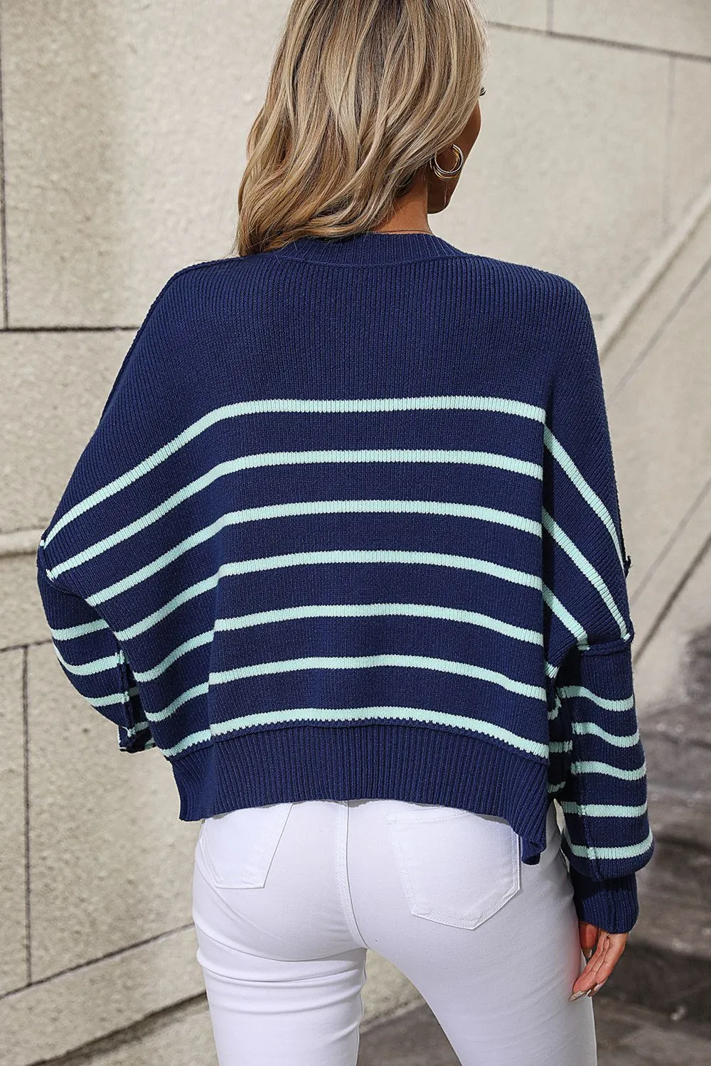 Striped Dropped Shoulder Round Neck Pullover Sweater, image 13