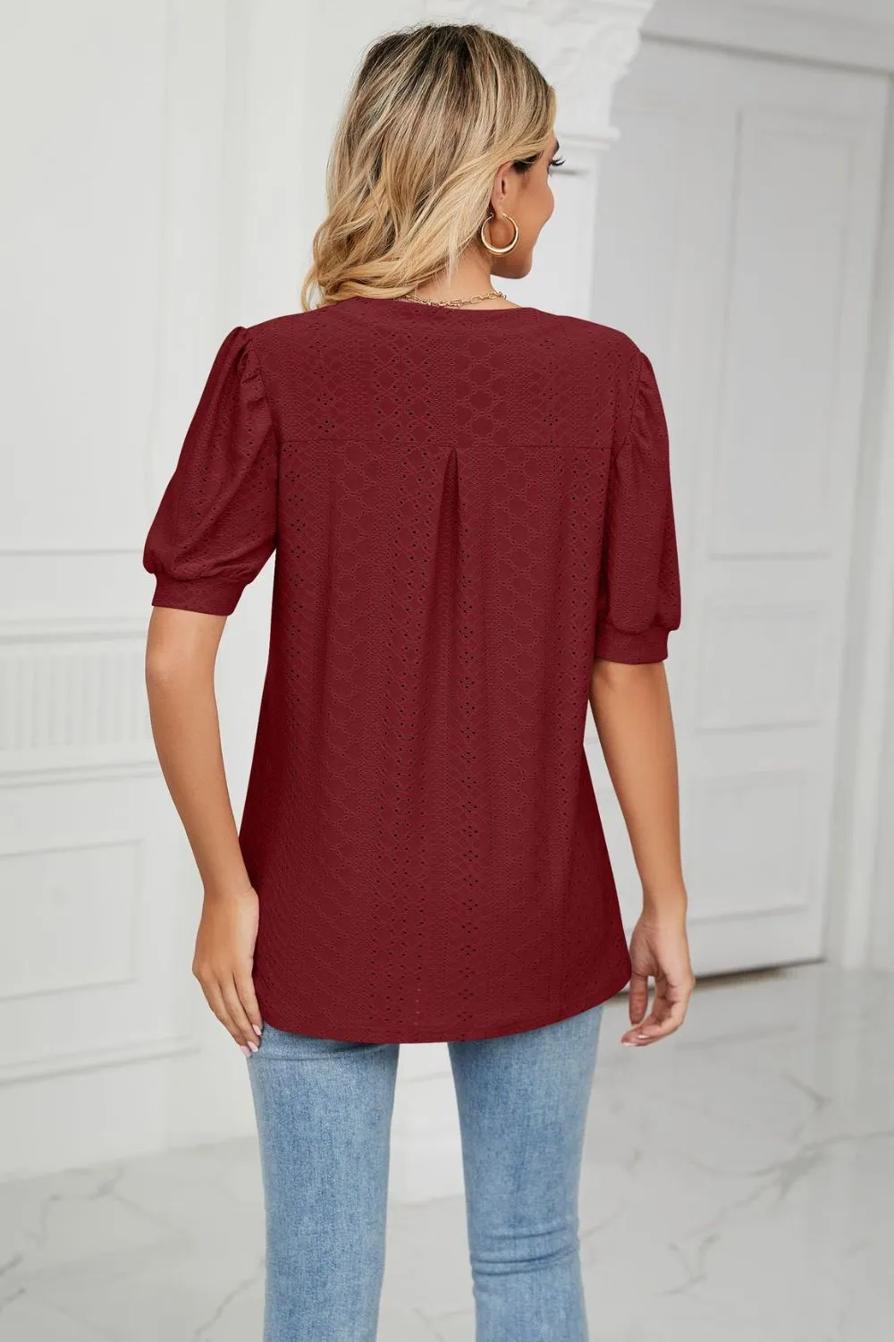 Eyelet Short Puff Sleeve Notched Neck Top, image 31