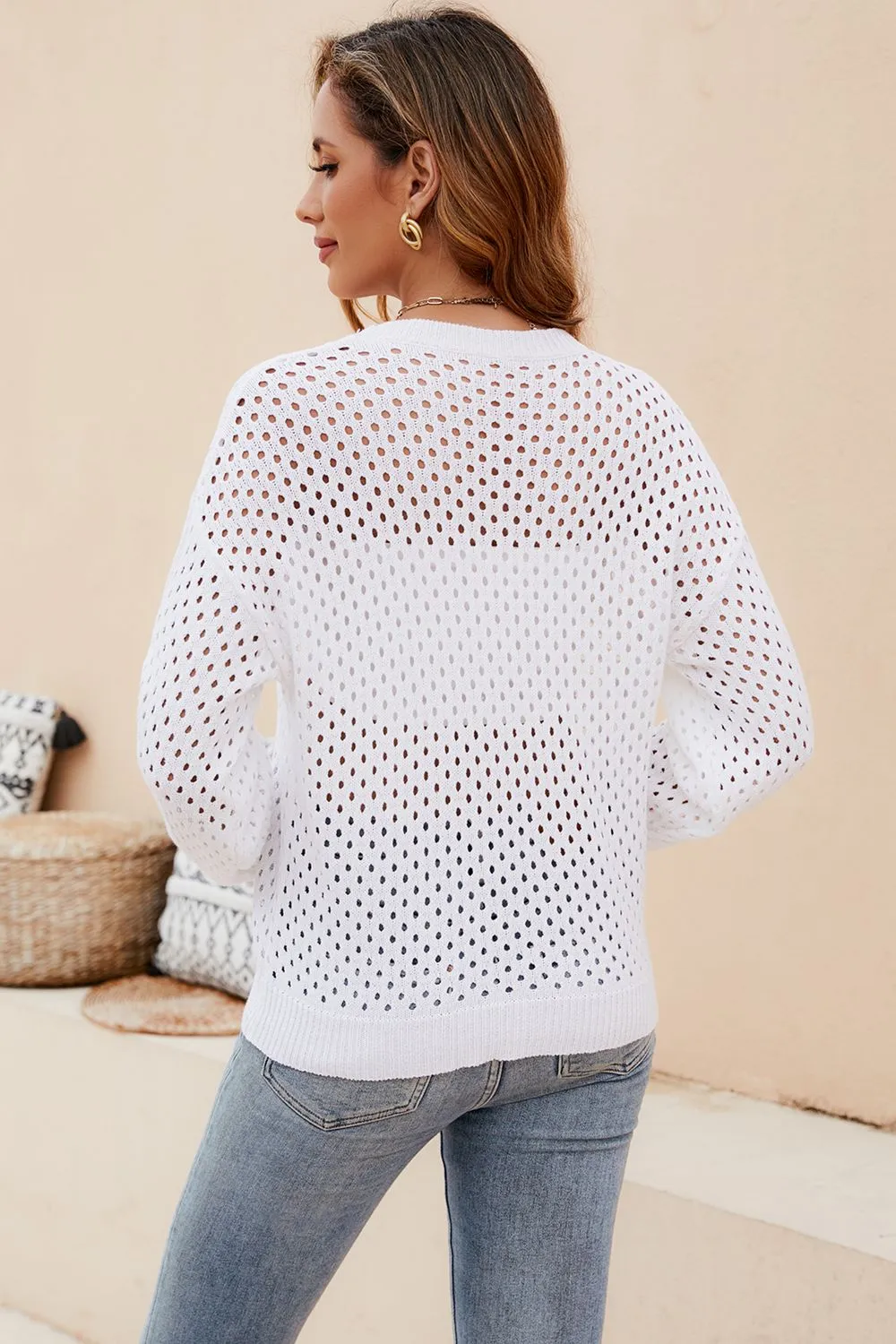 Round Neck Openwork Dropped Shoulder Knit Top, image 17