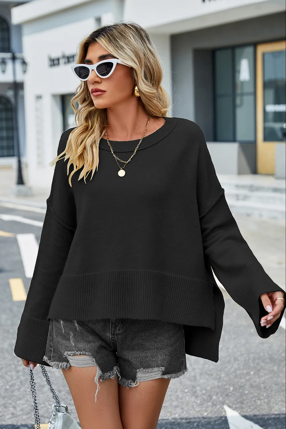 Round Neck Dropped Shoulder Slit Sweater, image 6