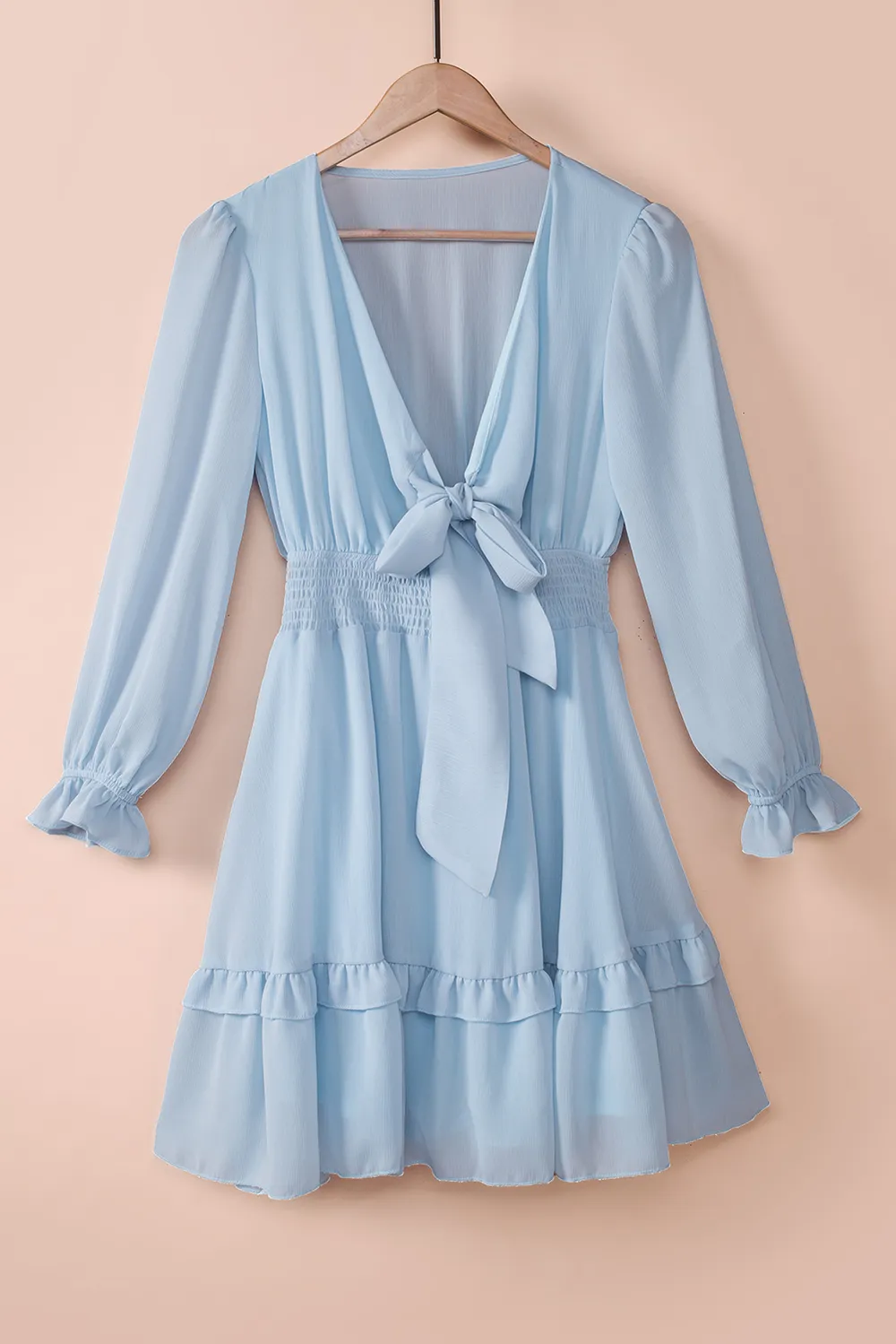 Tied Plunge Smocked Waist Flounce Sleeve Dress, image 17