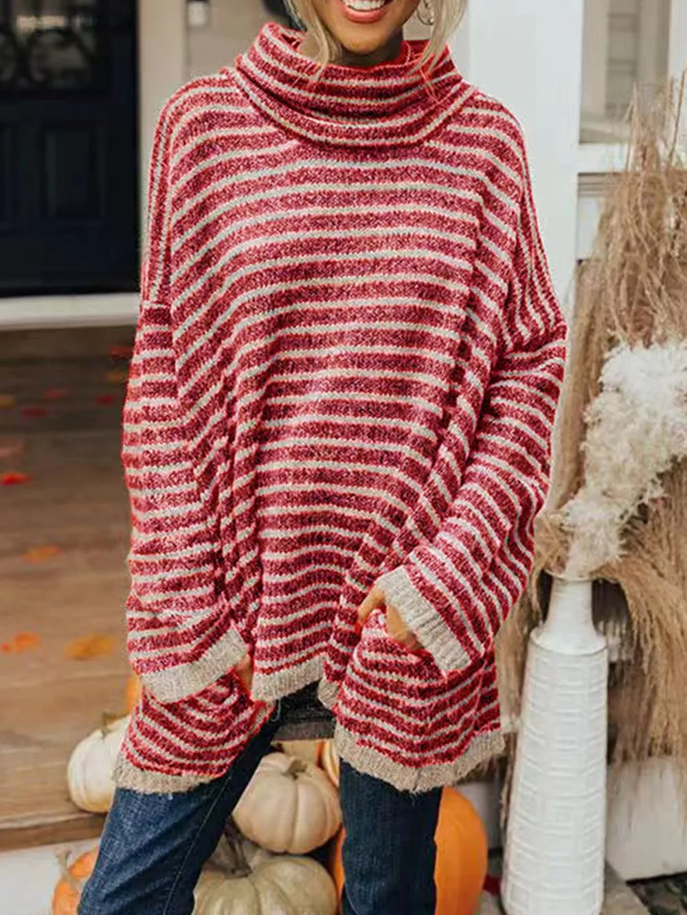 Striped Turtleneck Sweater with Pockets, image 4