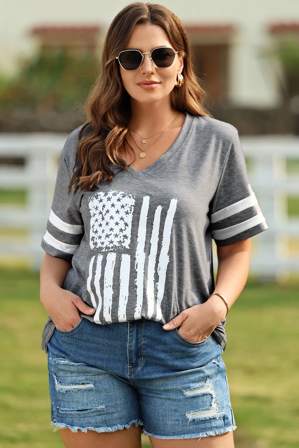 Plus Size US Flag Graphic V-Neck Tee, image 7
