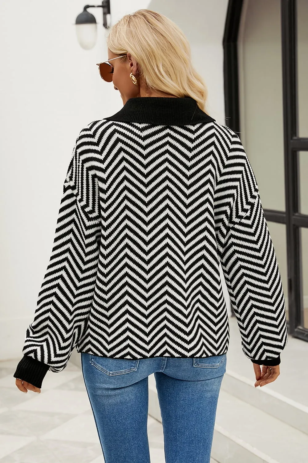 Striped Collared Neck Buttoned Pullover Sweater, image 2