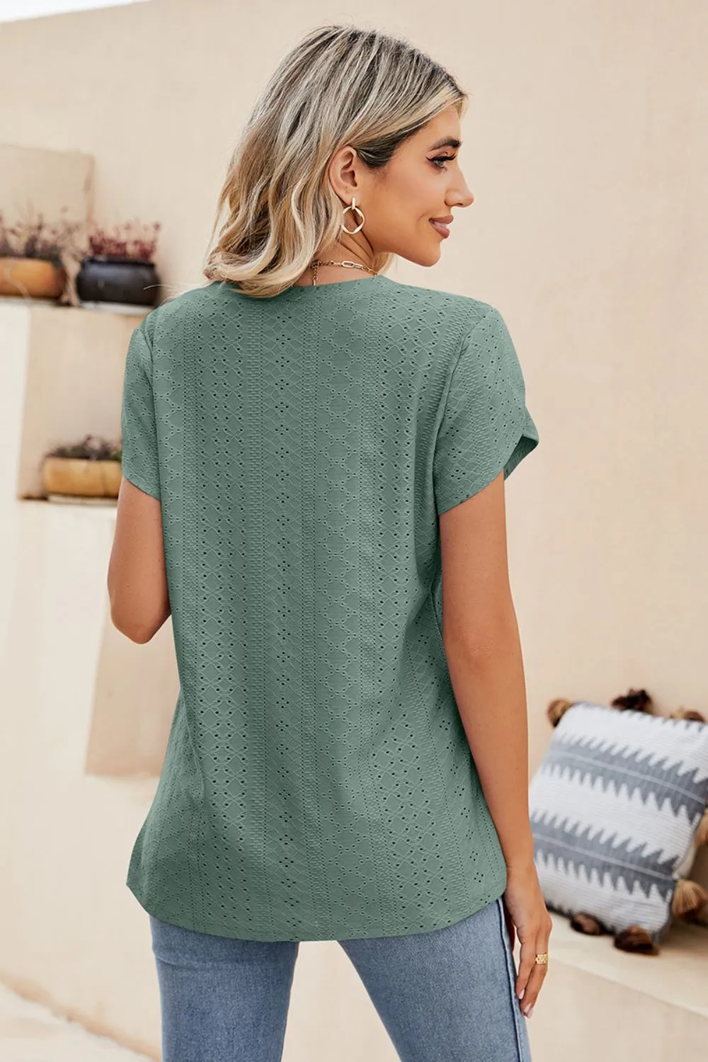 Eyelet Petal Sleeve V-Neck Knit Top, image 10