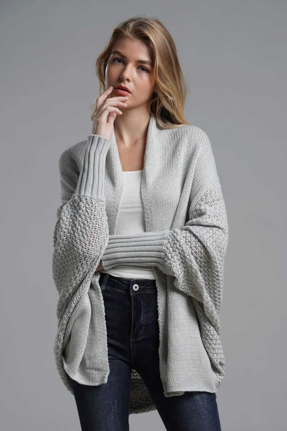 Dolman Sleeve Open Front Ribbed Trim Longline Cardigan, image 17