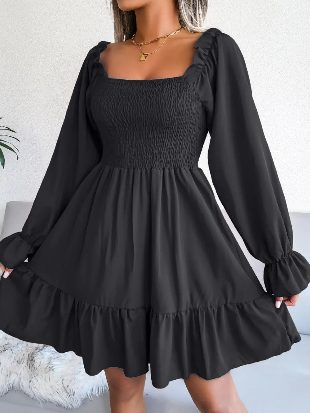 Smocked Flounce Sleeve Square Neck Dress, image 14