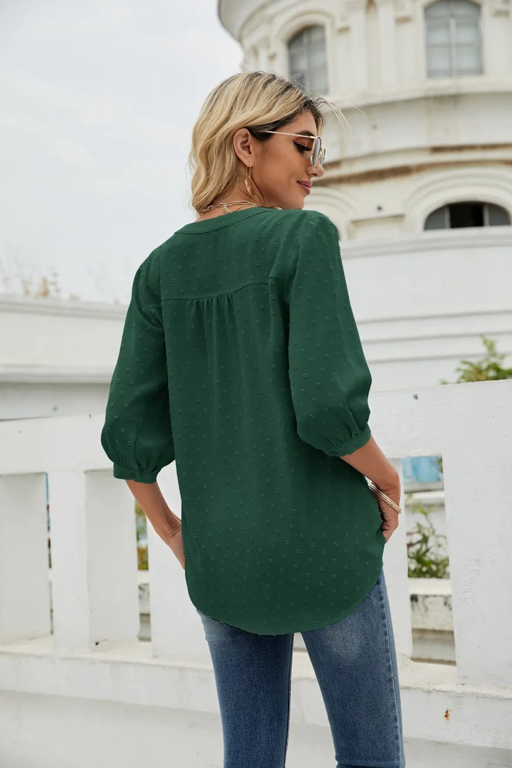 Swiss Dot Notched Neck Three-Quarter Sleeve Blouse, image 20