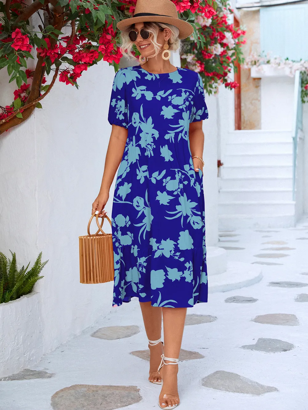 Floral Puff Sleeve Ruffle Hem Midi Dress, image 13