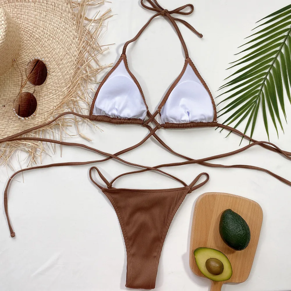 Halter Neck Crisscross Ribbed Bikini Set, image 15