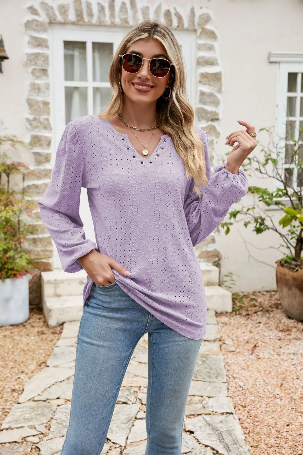 Eyelet Notched Neck Balloon Sleeve Blouse, image 16