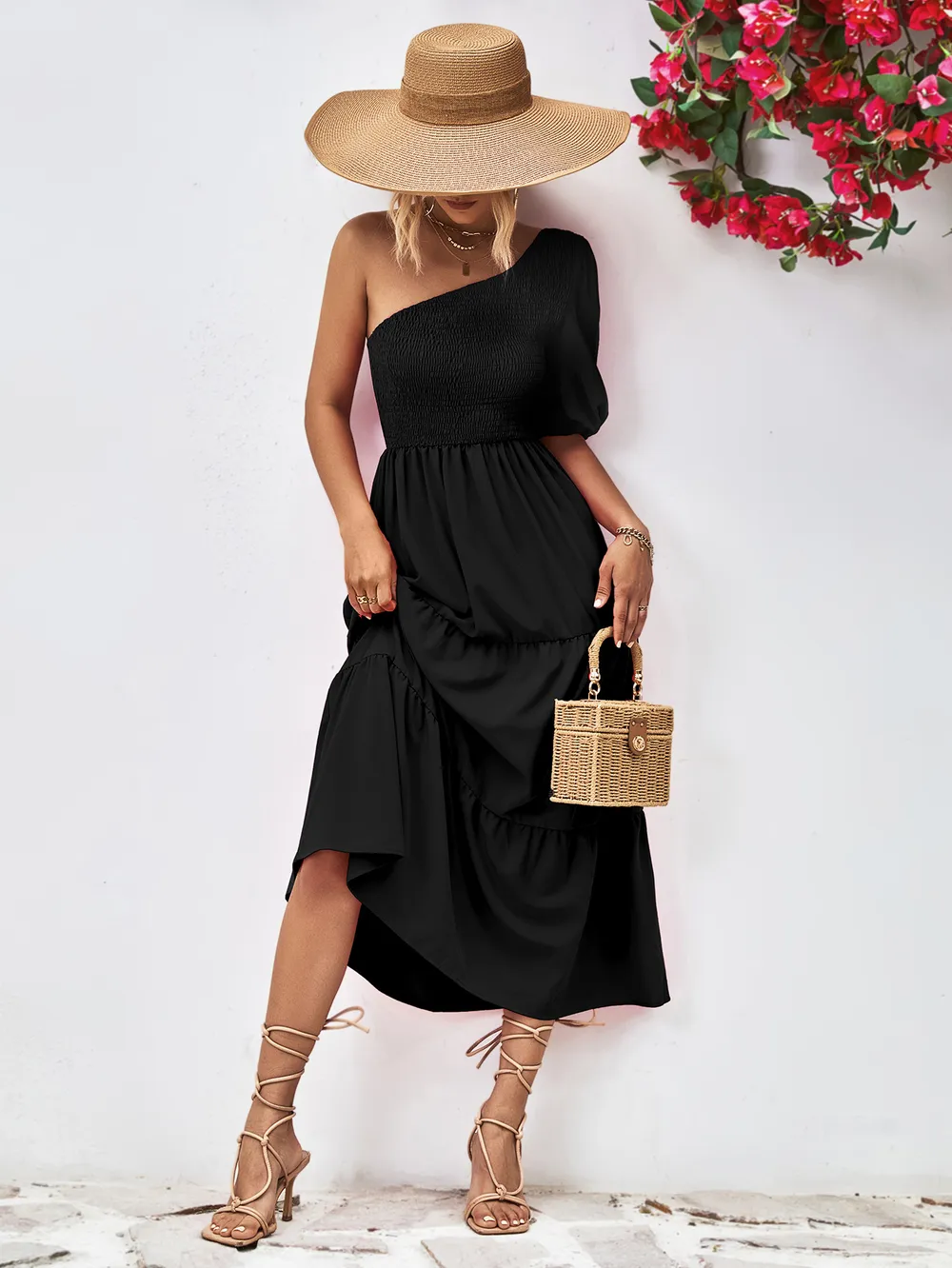 Smocked One-Shoulder Midi Dress, image 16