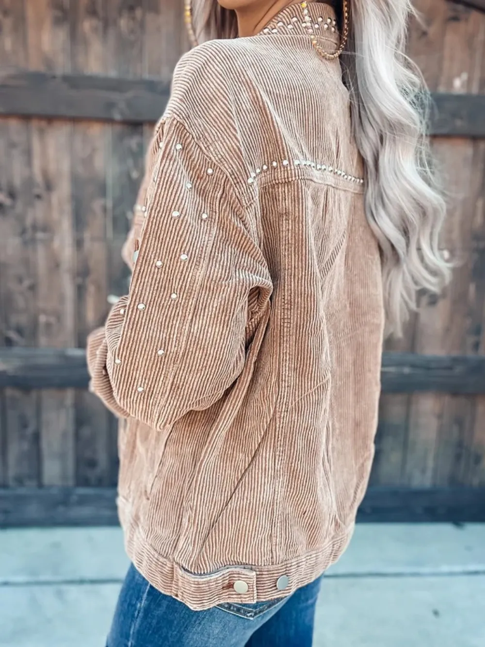 Studded Collared Neck Button Down Jacket, image 3