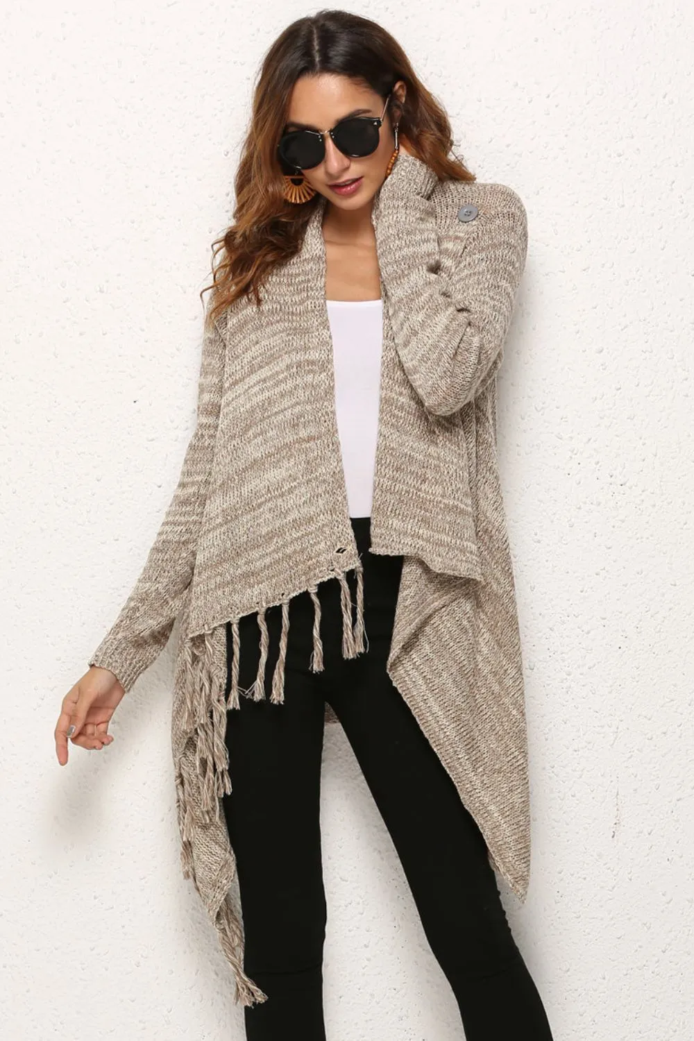 One-Button Tassel Tie Asymmetrical Hem Cardigan, image 4
