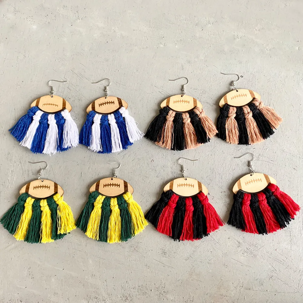 Fringe Detail Football Shape Wooden Dangle Earrings, image 7