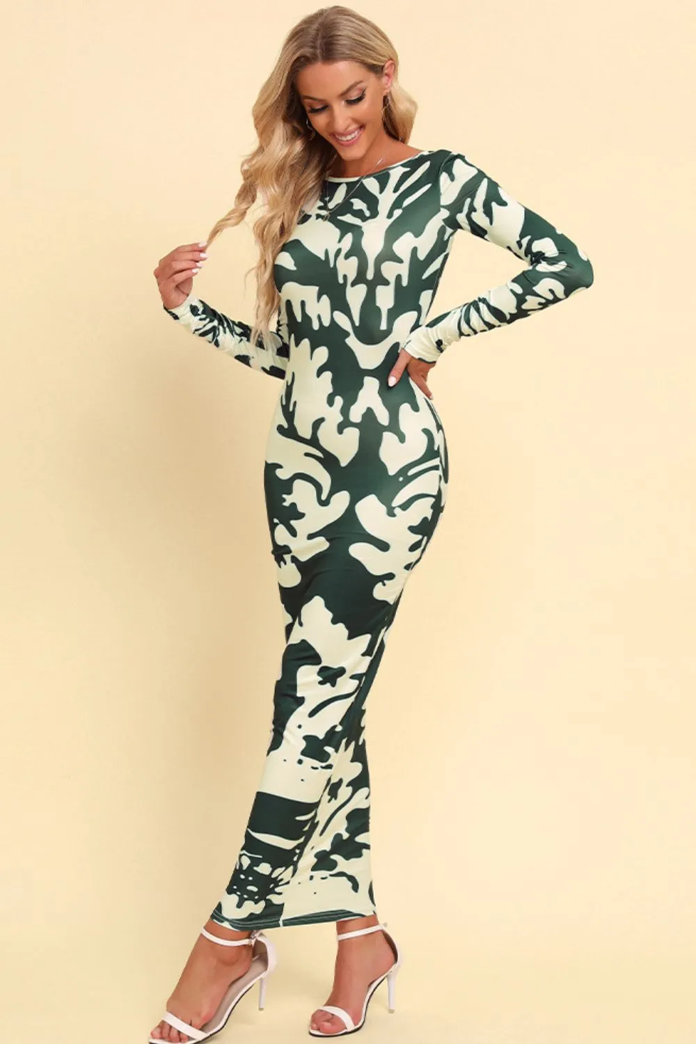 Printed Backless Long Sleeve Maxi Dress, image 4