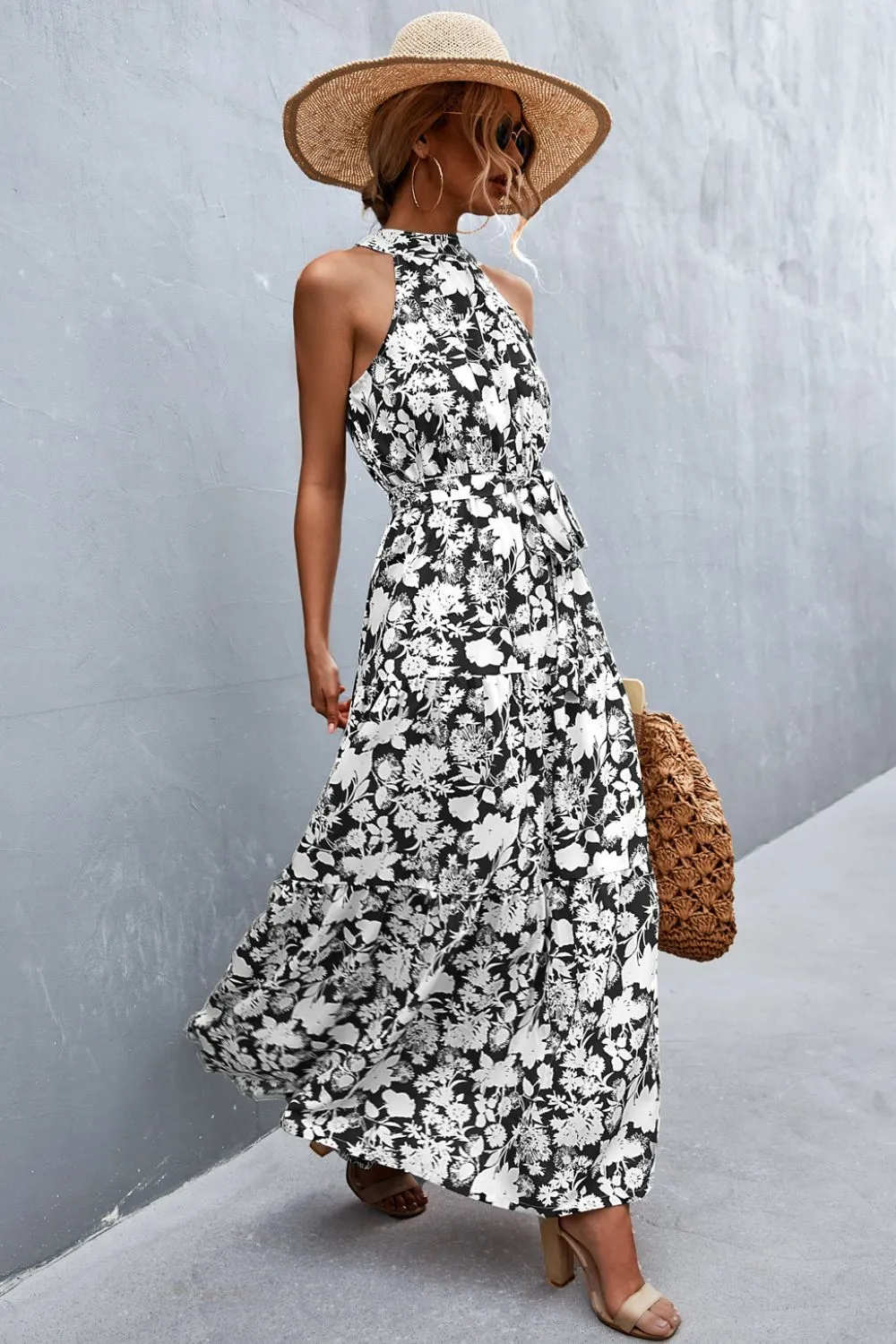 Printed Sleeveless Tie Waist Maxi Dress, image 14