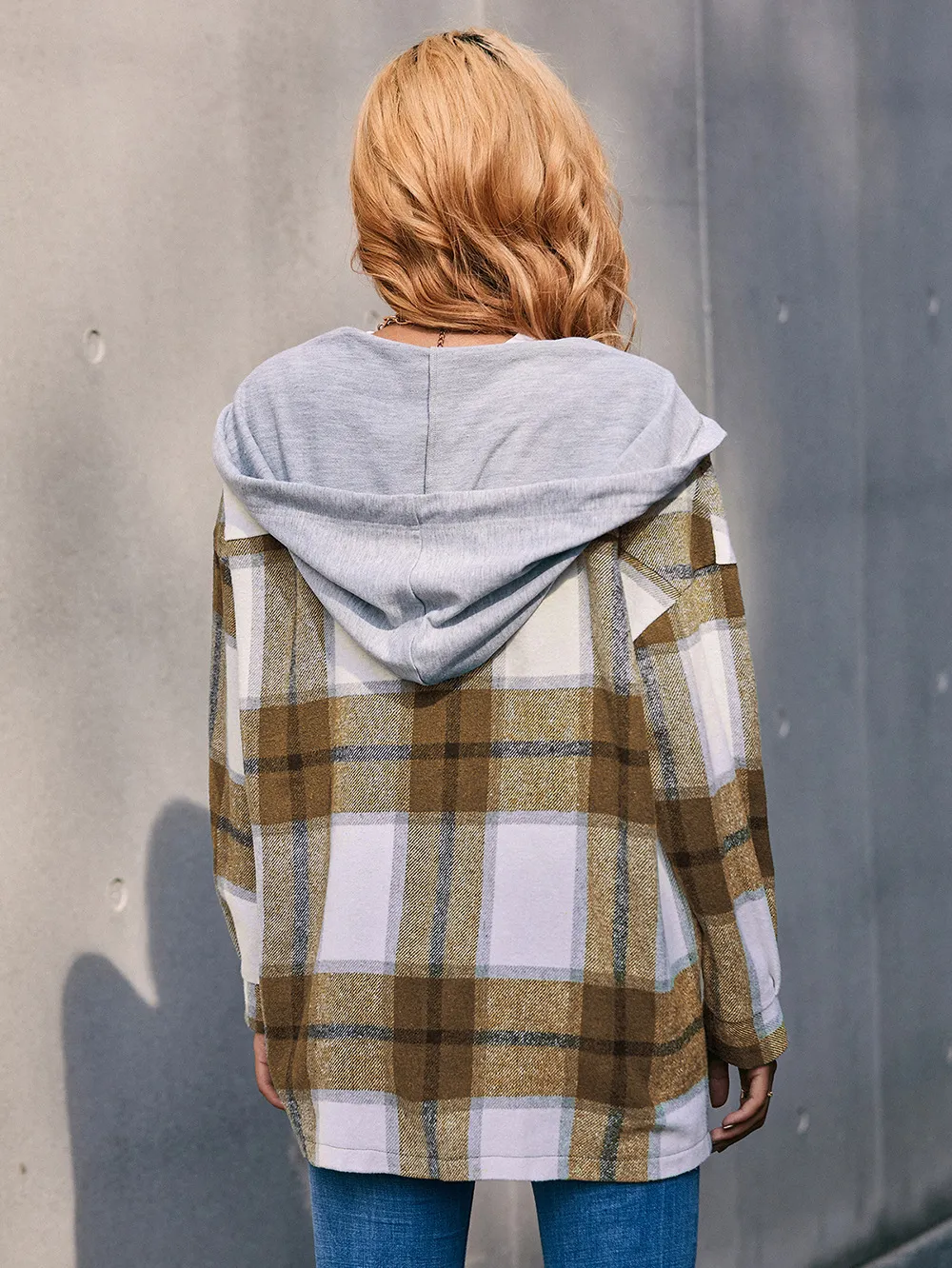 Plaid Dropped Shoulder Hooded Jacket, image 3