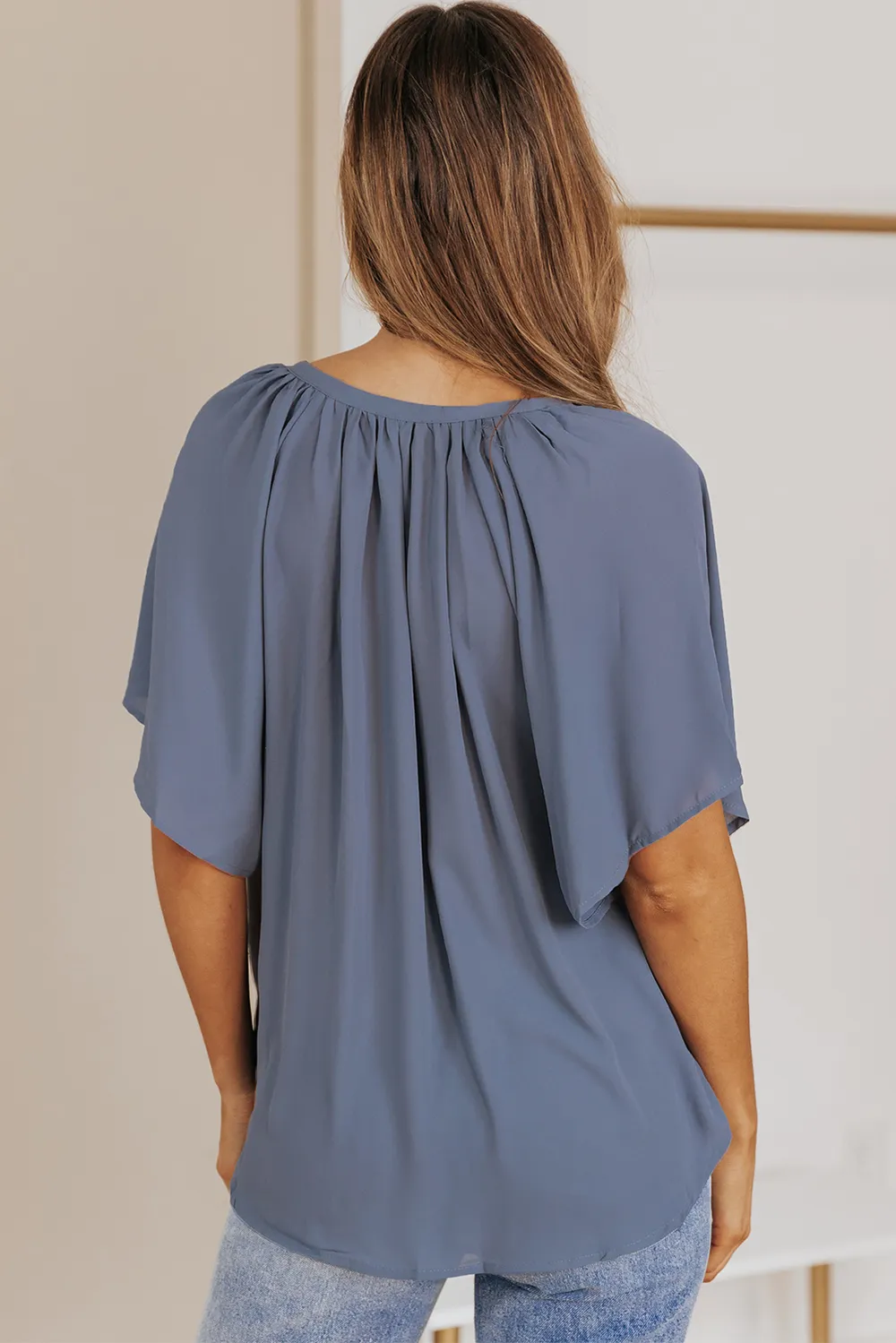 Gathered Detail Notched Neck Flutter Sleeve Top, image 28