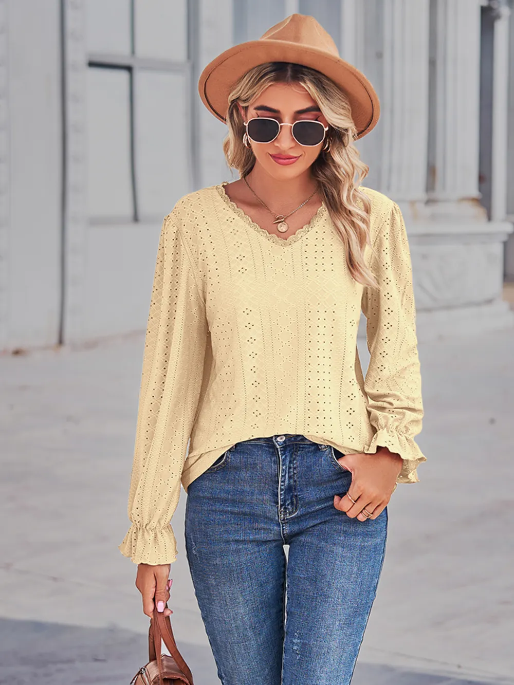 Eyelet V-Neck Flounce Sleeve Blouse, image 4