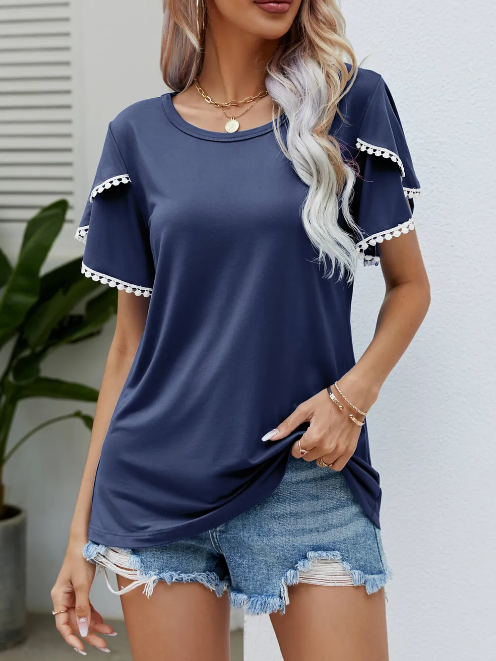 Pom-Pom Trim Flutter Sleeve Round Neck Tee, image 21