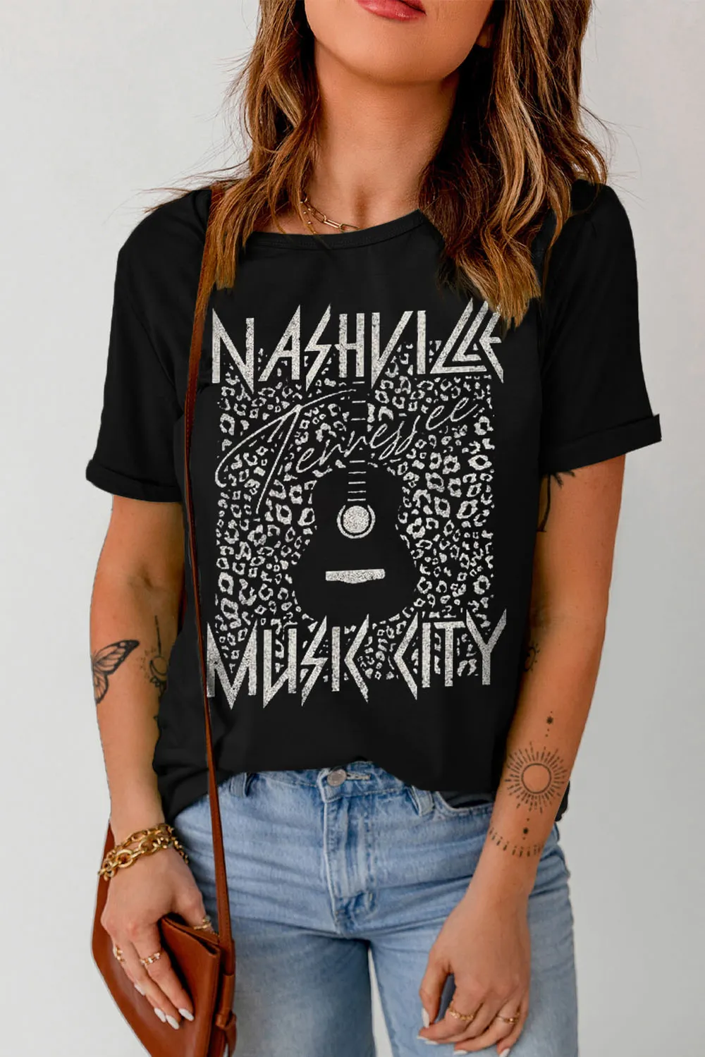 Graphic Cuffed Sleeve Round Neck Tee, image 6