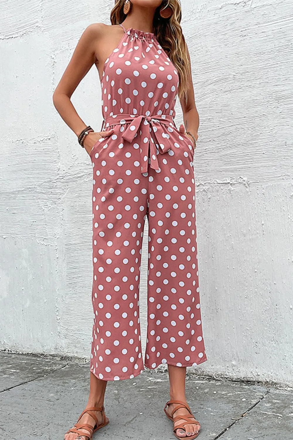 Polka Dot Grecian Wide Leg Jumpsuit, image 11