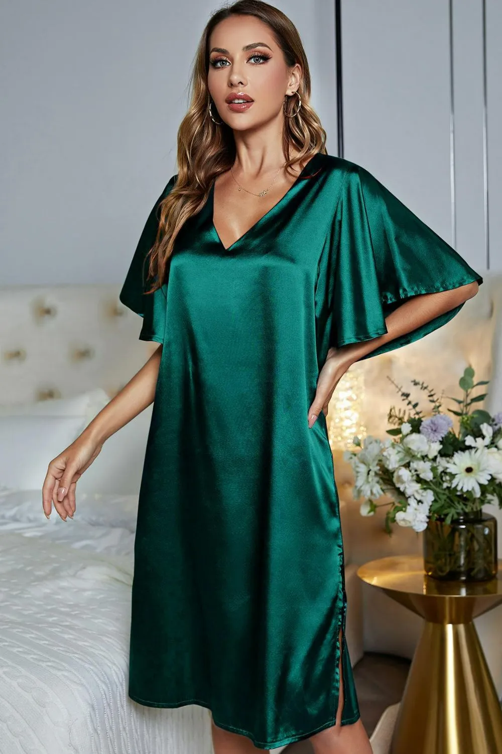 Satin Flutter Sleeve Side Slit V-Neck Night Dress, image 8