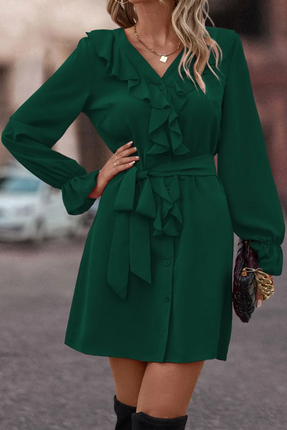 Ruffled Flounce Sleeve V-Neck Belted Dress, image 6