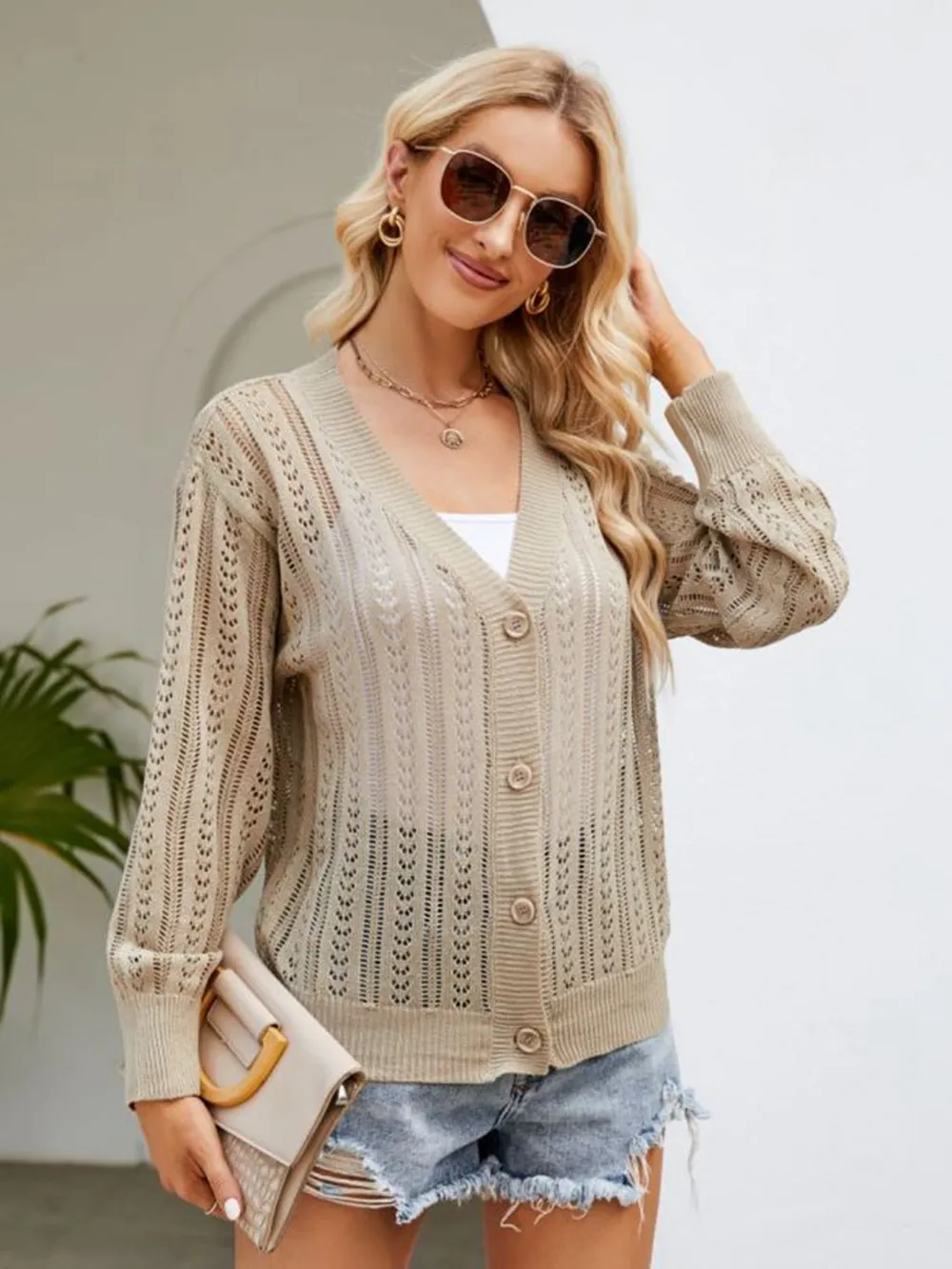 Button Down Ribbed Trim Cardigan, image 6
