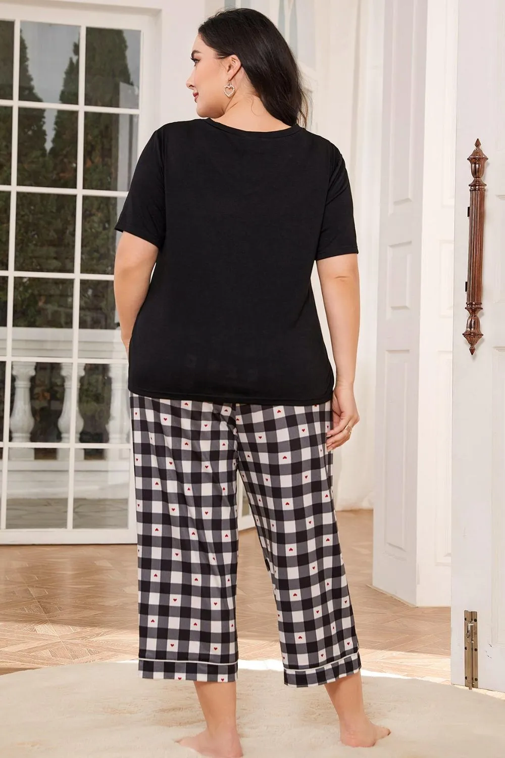 V-Neck Tee and Plaid Cropped Pants Lounge Set, image 2