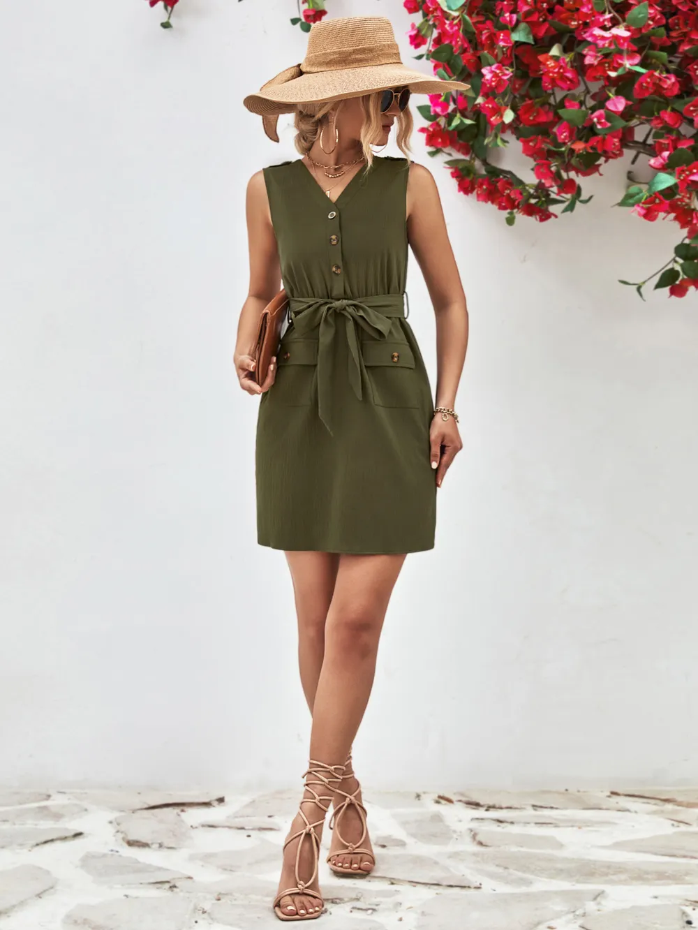 Buttoned V-Neck Belted Sleeveless Dress, image 11