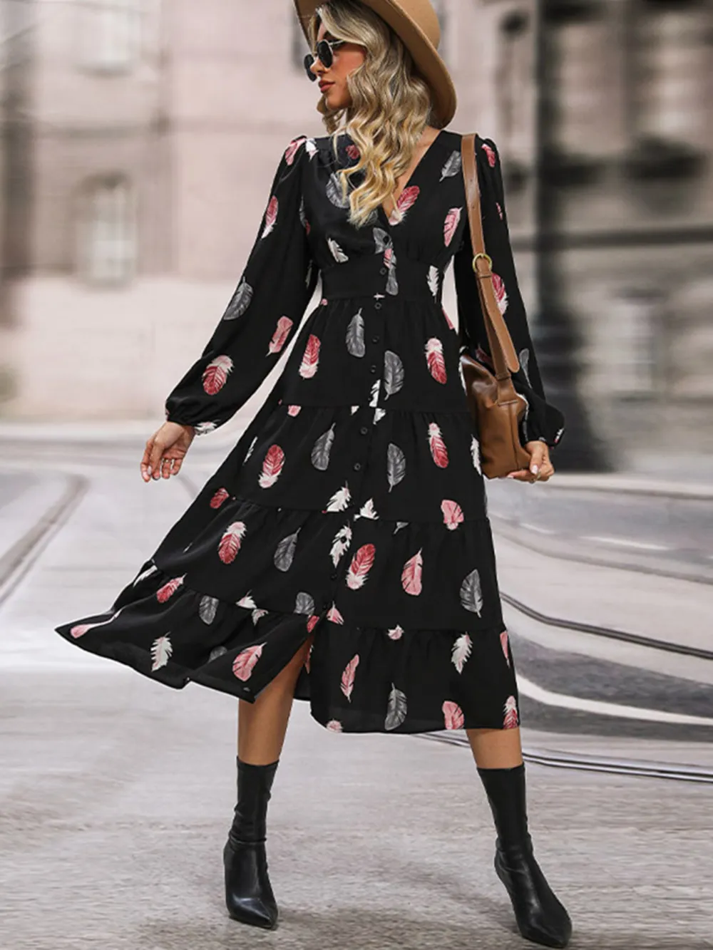 Printed V-Neck Slit Dress, image 4