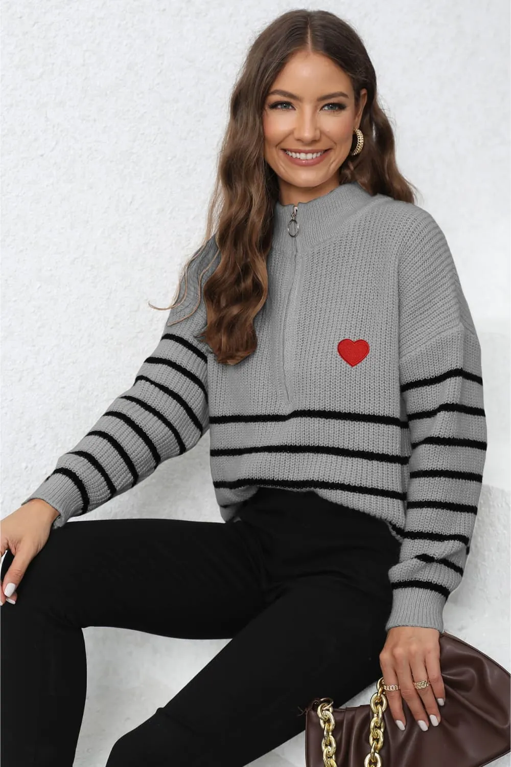 Striped Zip-Up Long Sleeve Ribbed Sweater, image 10