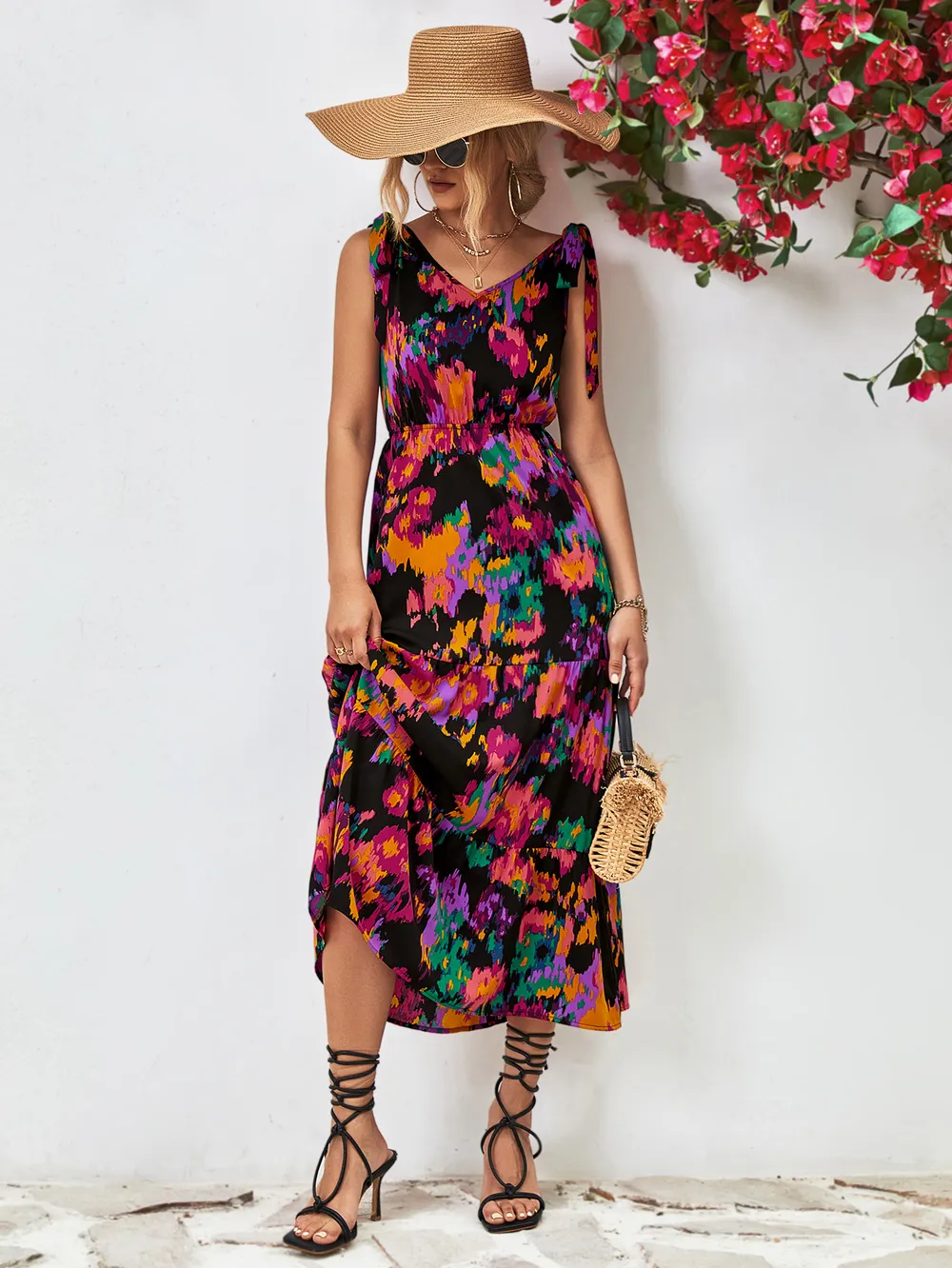 Multicolored V-Neck Backless Midi Dress, image 9
