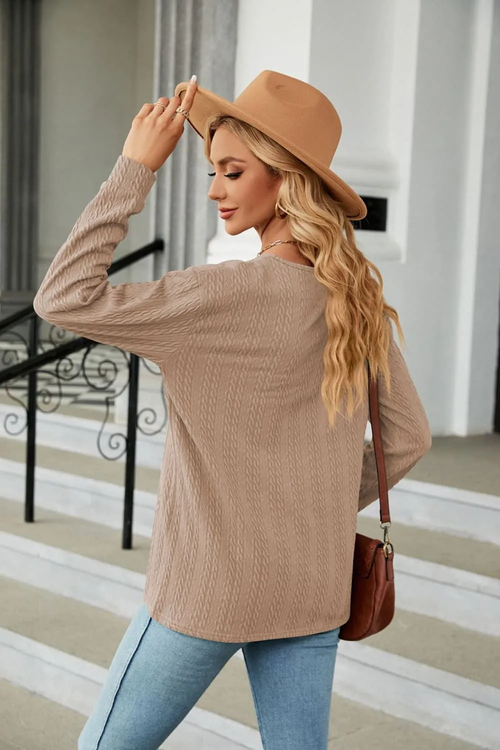 Decorative Button V-Neck Long Sleeve T-Shirt, image 19