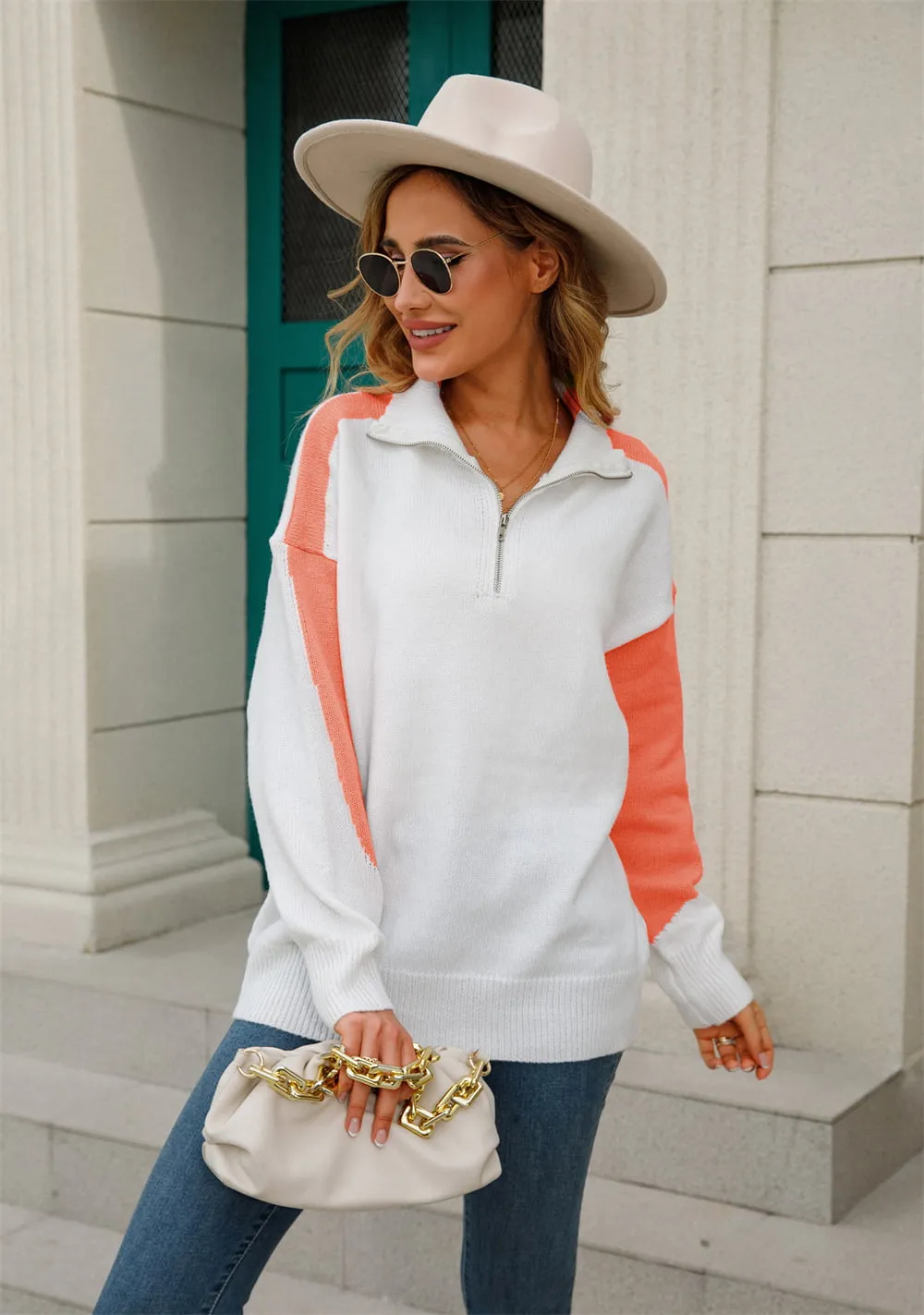 Two-Tone Collared Neck Dropped Shoulder Knit Top, image 10