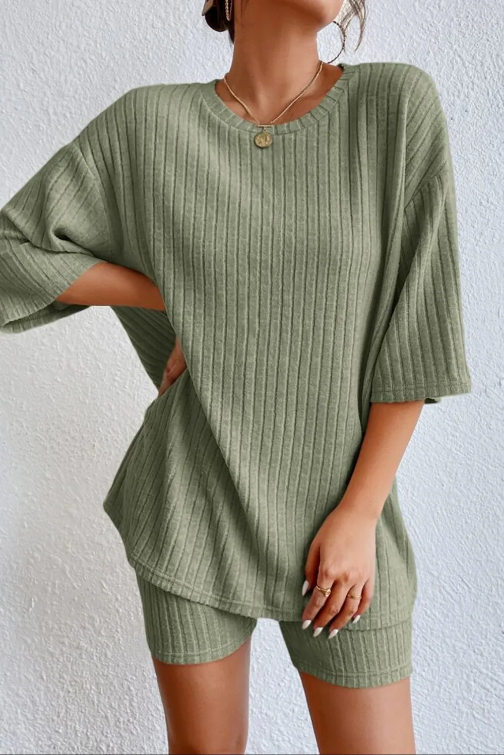 Round Neck Ribbed Top and Shorts Lounge Set, image 9