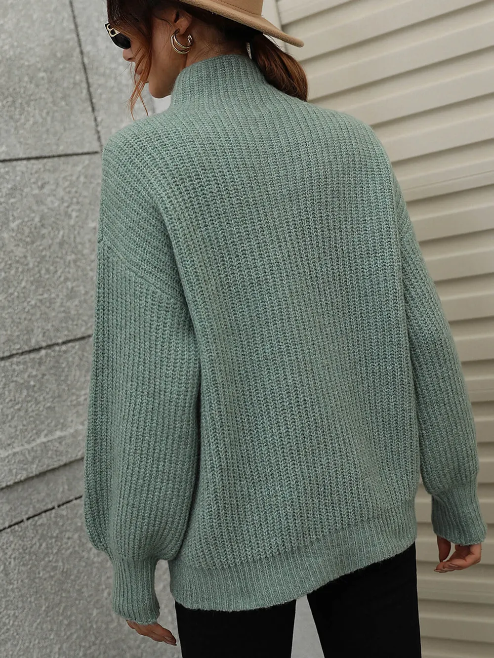 High Neck Balloon Sleeve Rib-Knit Pullover Sweater, image 22