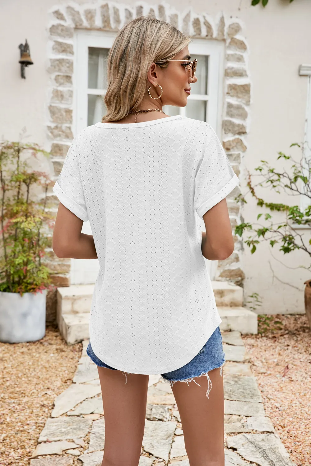 Full Size Round Neck Eyelet Short Sleeve Top, image 12