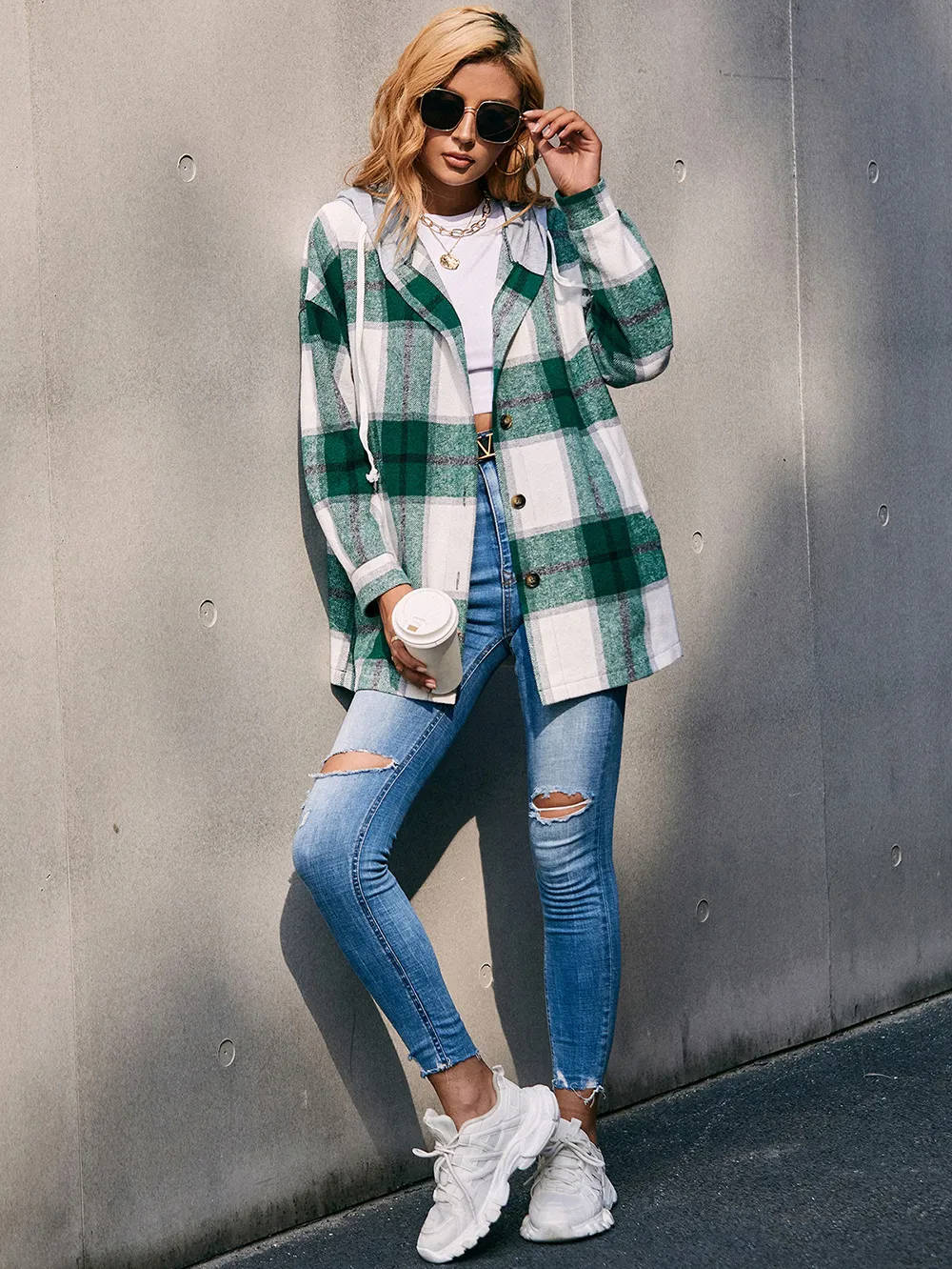 Plaid Dropped Shoulder Hooded Jacket, image 10