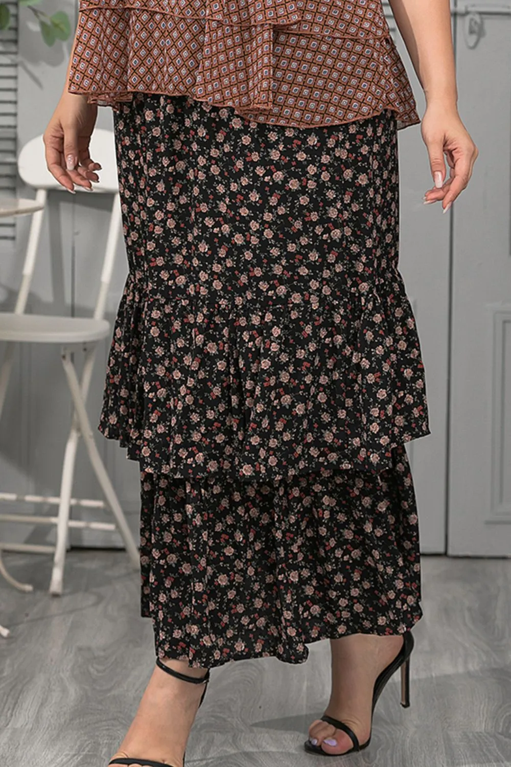 Plus Size Ditsy Floral Layered Maxi Skirt, image 3