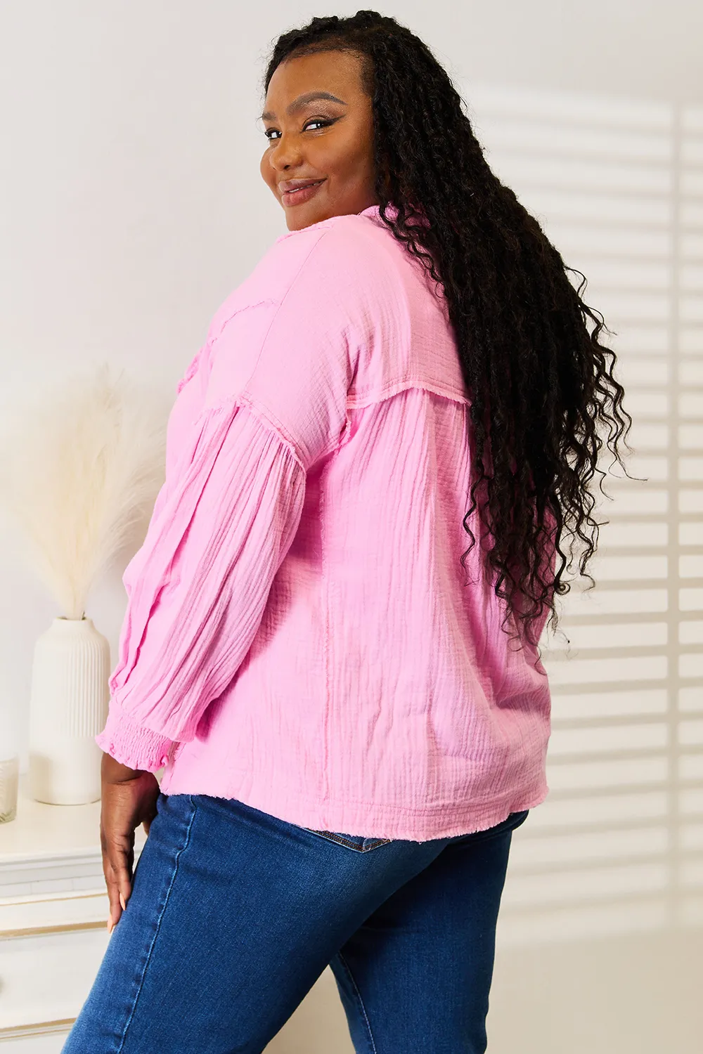 Exposed Seam Buttoned Notched Neck Blouse, image 8